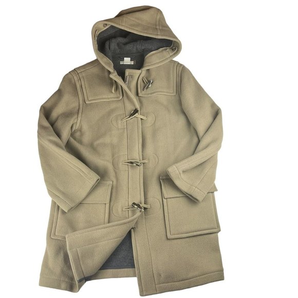 J. Crew Tan Khaki Wool Toggle Button Coat Women's Size Medium Hooded Jacket - Picture 1 of 11